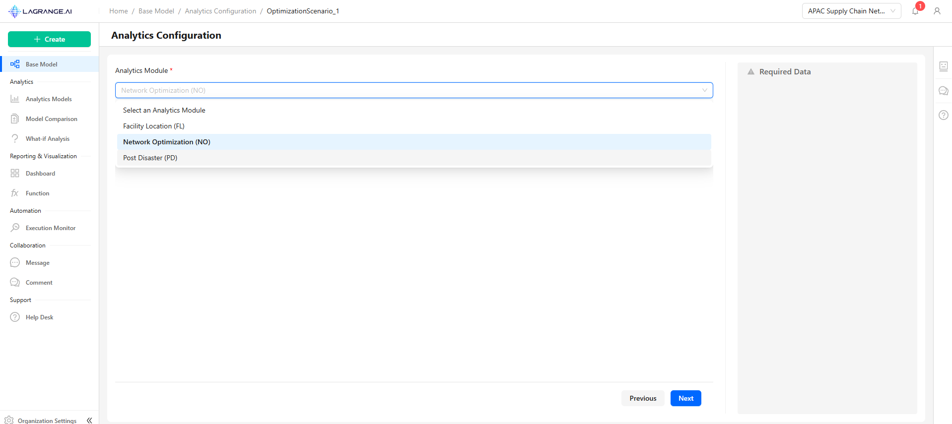 Analytics module selection